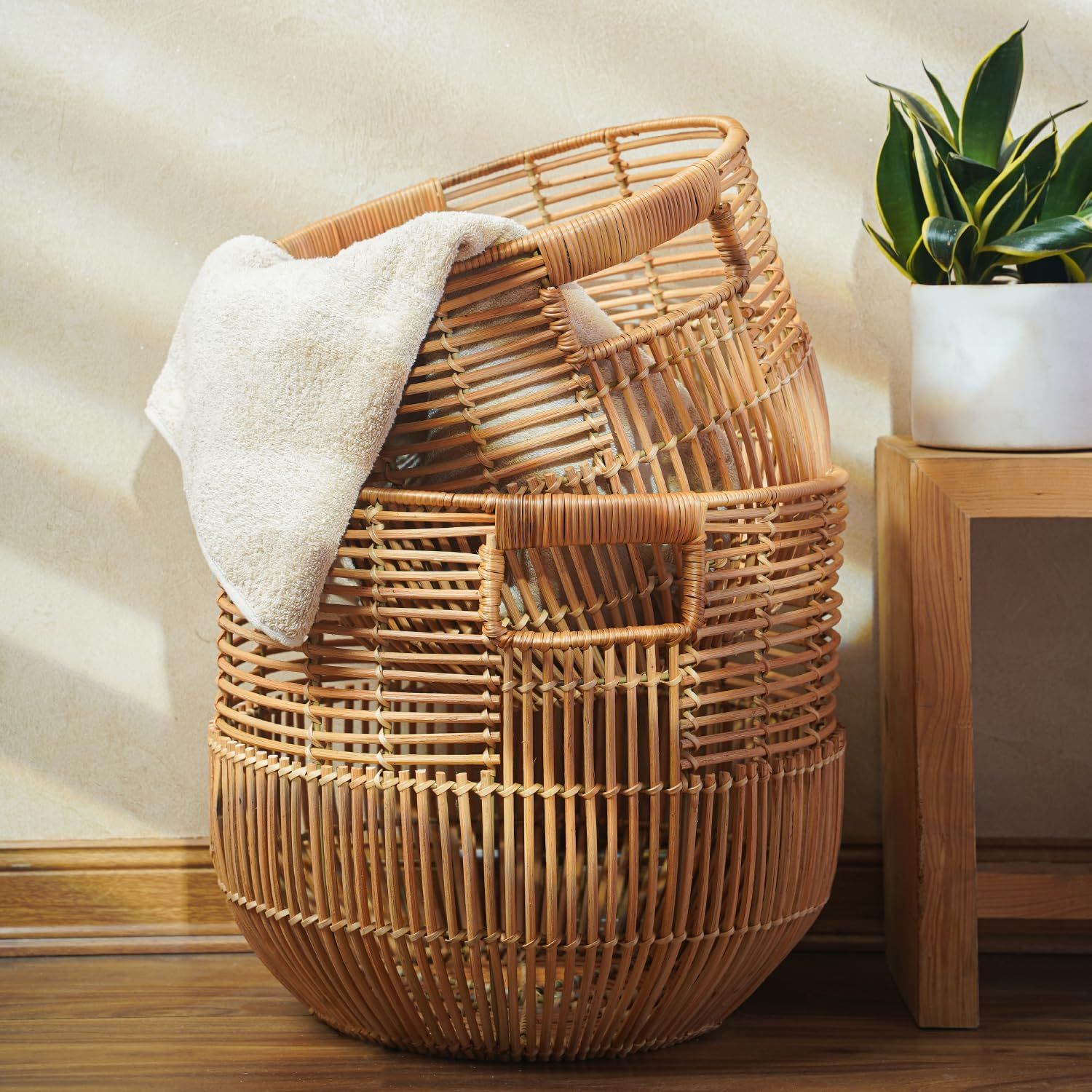 Set Of 2 Large Woven Blanket Baskets With Handles | Round Wicker Rattan Storage Floor Baskets for... | Amazon (US)