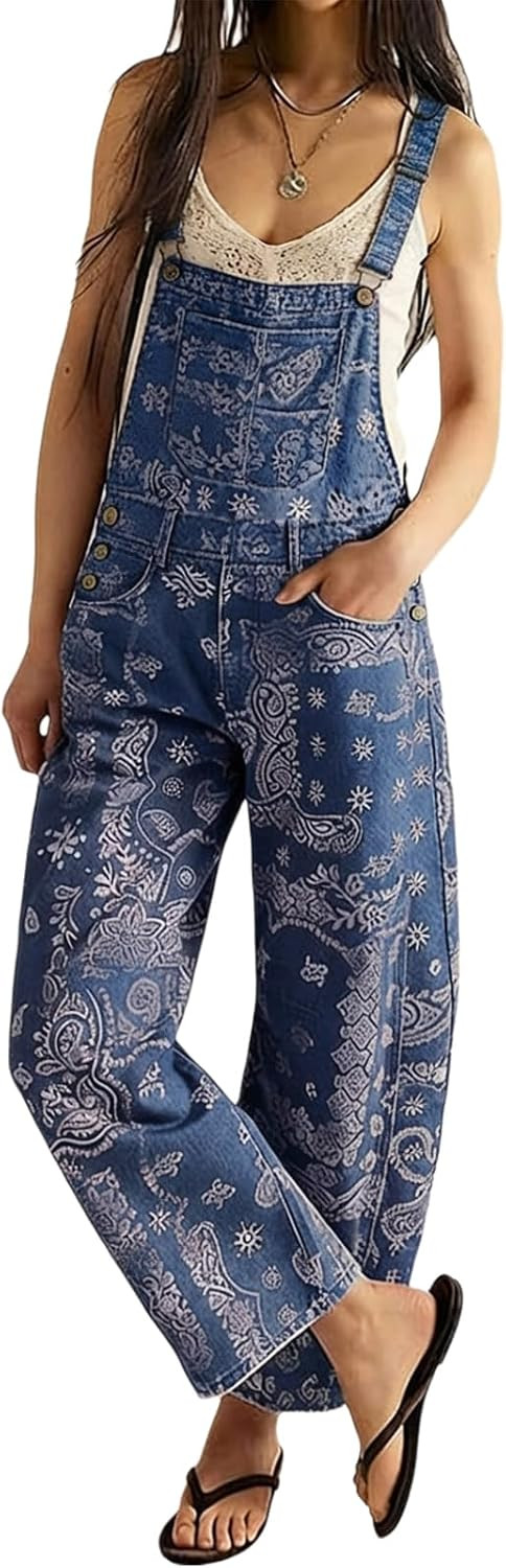 Overalls For Women Retro Floral Casual Baggy Barrel Jeans Jumpsuit | Amazon (US)