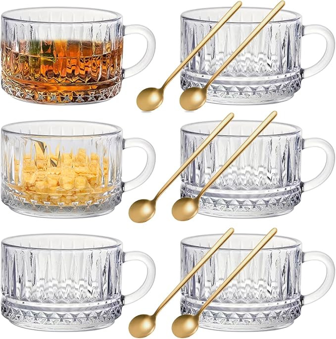 Maredash Glass Coffee Mugs with Spoon, Classic Embossed Tea Cups, Vertical Stripes Espresso Cups,... | Amazon (US)