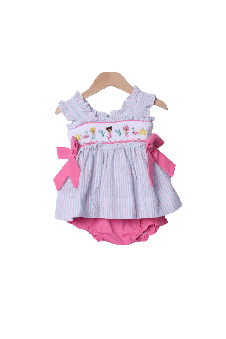 Smocked Mermaid Pink and Mint Seersucker Bloomer Set | The Smocked Flamingo