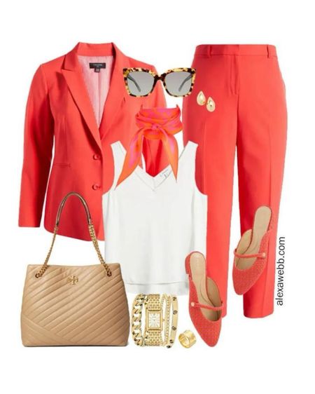 Plus Size Spring Work Capsule 2024 - Part 2 - Plus size hot coral suiting with a white blouse and printed scarf. Alexa Webb

#LTKplussize #LTKworkwear #LTKSeasonal