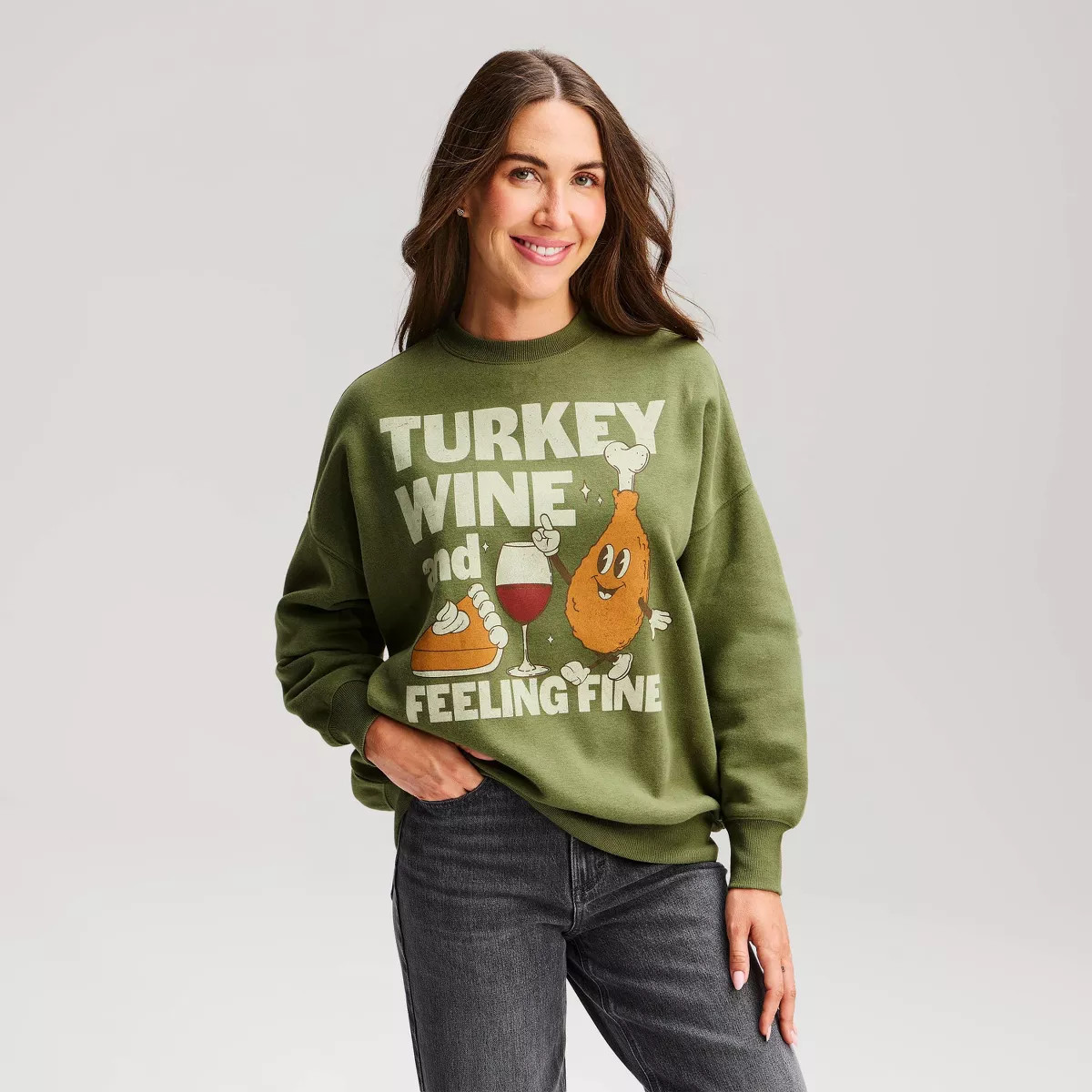 Women's Turkey Wine & Feeling Fine Fleece Graphic Pullover Sweatshirt - Green XXS | Target