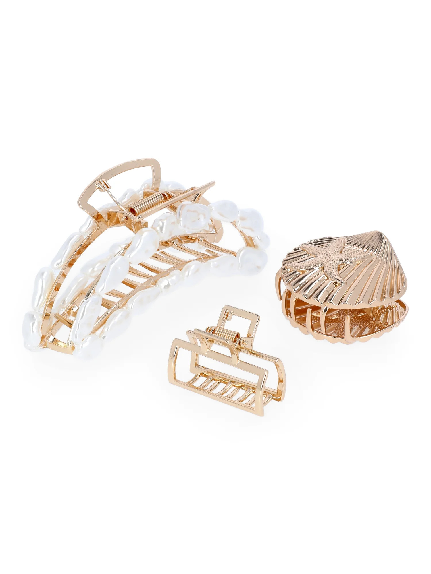 Time and Tru Women's Gold Tone Metal Claw Clip Set with Faux Pearl Embellishments, 3-Piece | Walmart (US)
