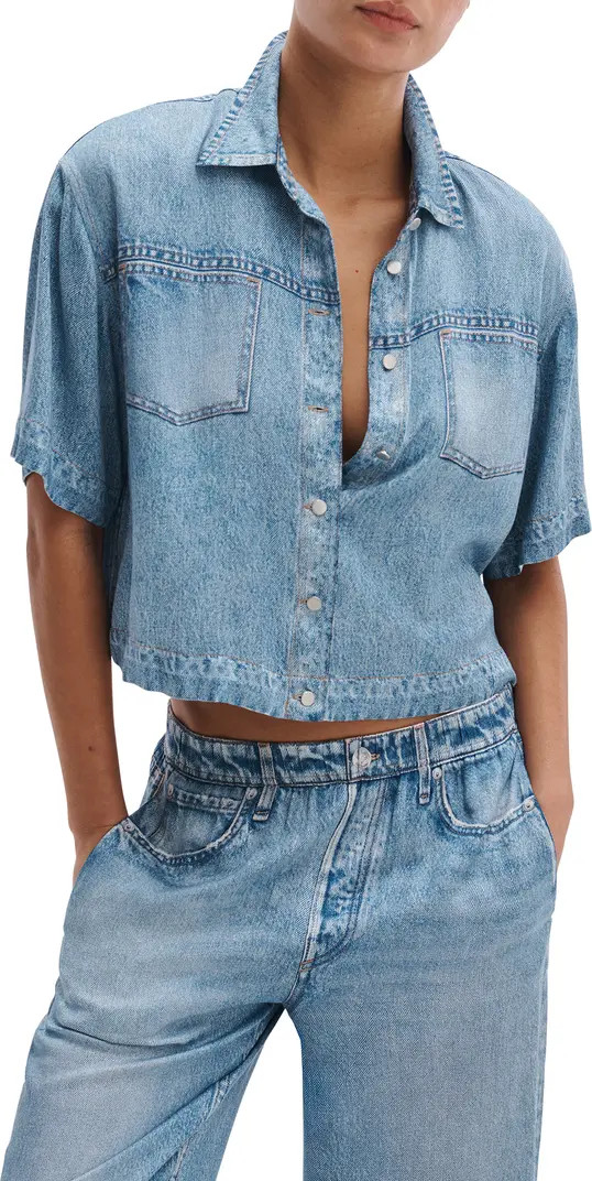 rb Miramar Slink Lounge Abby Trompe L'Oeil Faux Denim Crop Button-Up Shirt | Nordstrom