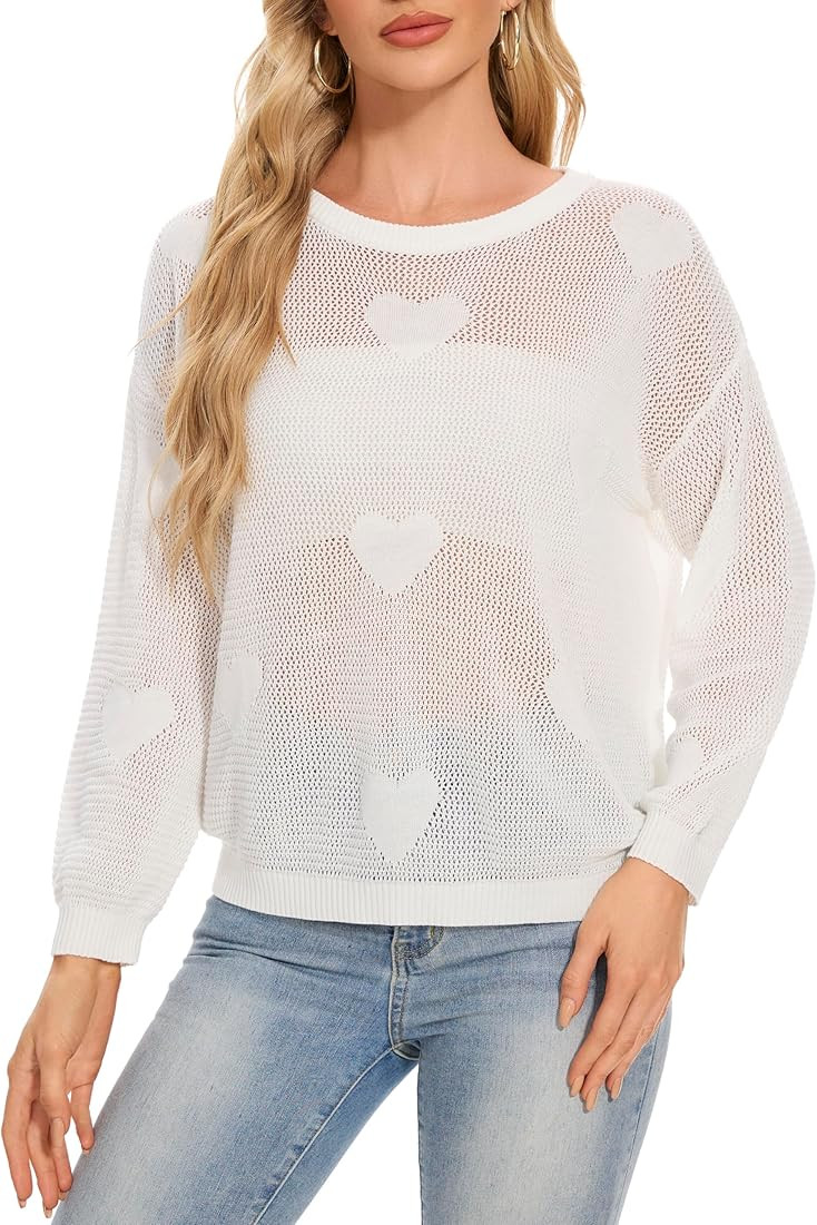 Betu Women's Hollowed Out Crochet Sweater Long Sleeve Knit Heart Print Pullover Tops | Amazon (US)