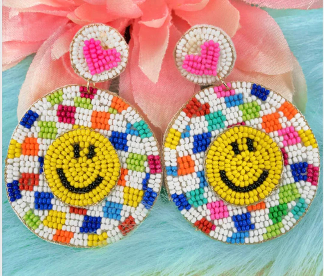 Multi Color Checker Board Happy Face Seed Bead Earrings - Etsy | Etsy (US)