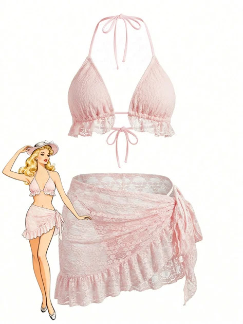 2PCS 1960s Solid Halter Lace Bikini Set & Ruffle Cover-Up | Retro Stage