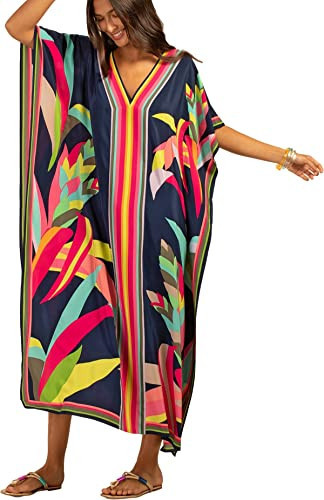 Navy Floral Silk Caftan Women Vneck Swim Cover up Caftans Kaftan for Women Loose Plus Size Leopard Animal Geometric Floral Print Side Split Caftan Silk Kaftan Dresses Caftans Loungewear 8709-6 | Amazon (US)