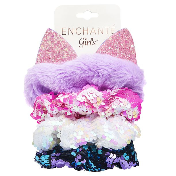 Enchante Accessories Sequin & Faux Fur Cat Ear Scrunchie Ponytail Holder Set, 4 Piece Pk - Walmar... | Walmart (US)