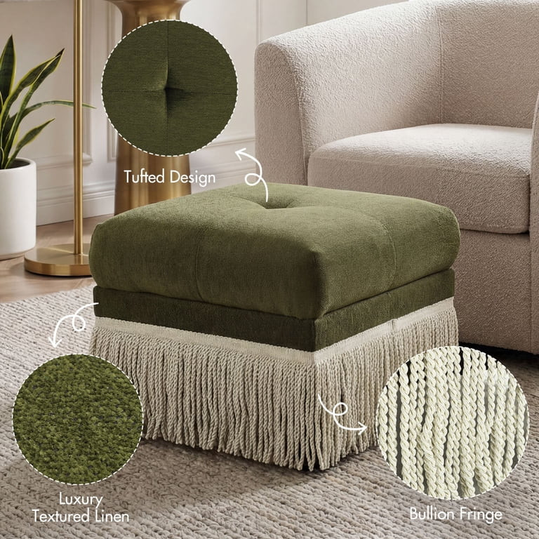 Dayalane 22" Green Chenille Square Ottoman for Bedroom End of Bed, Mid-Century Fringe Ottoman Foo... | Walmart (US)