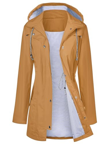 LOMON Women Rain Jacket Belted Adjustment Hooded Long Lightweight Waterproof Lined Raincoat Yellow Khaki M | Amazon (US)