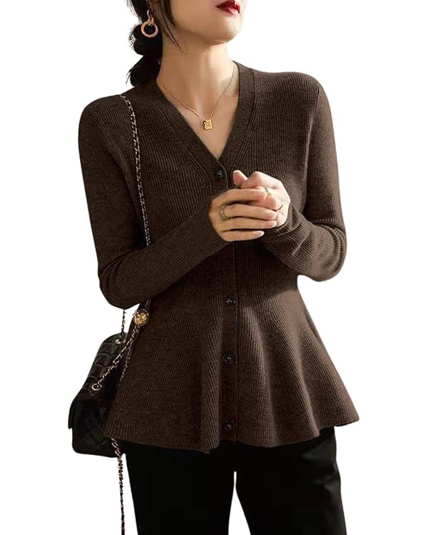 chouyatou Women's Fall Lightweight Peplum Cardigan Sweater Button Down Cardigan Jacket Business C... | Amazon (US)