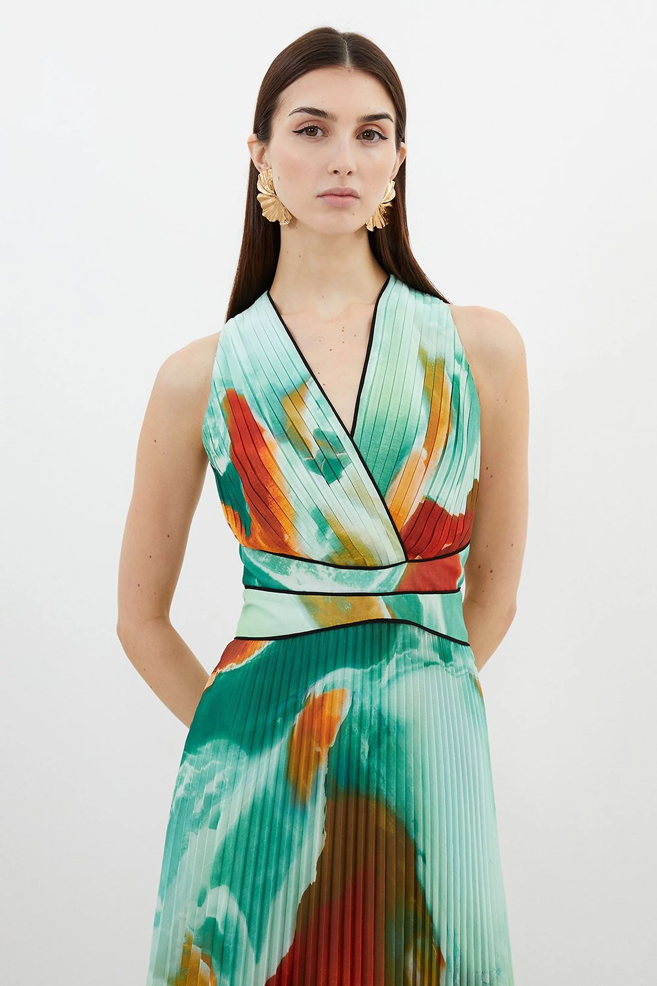 Abstract Printed Soft Pleated Plunge Maxi Dress | Karen Millen US