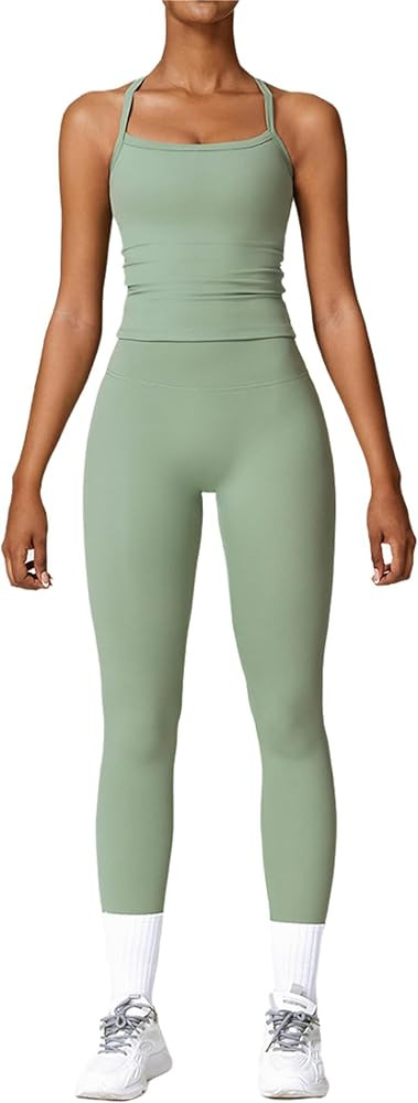 Womens Workout Sets Two Piece Cross Back Tank Top Matching High Waist Leggings Sets Gym Outfits W... | Amazon (US)