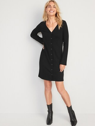 Long-Sleeve Rib-Knit Button-Front Mini Shift Dress for Women | Old Navy (CA)