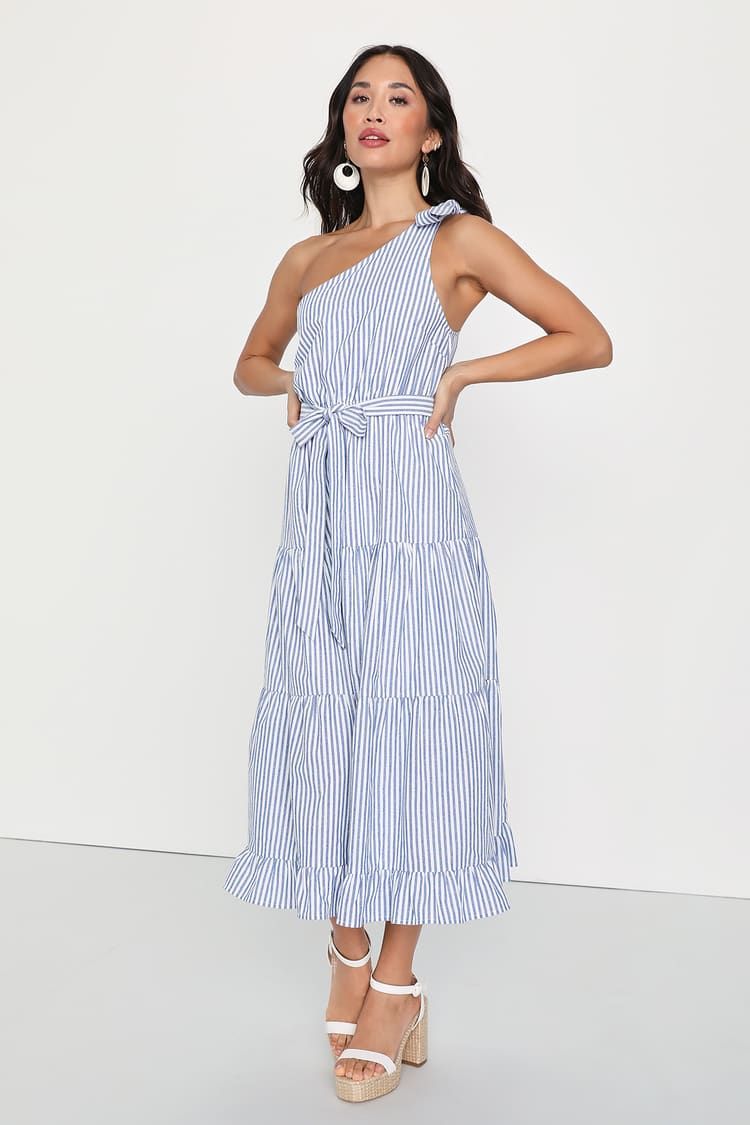 Gleeful Getaway Blue and White Striped One-Shoulder Midi Dress | Lulus (US)