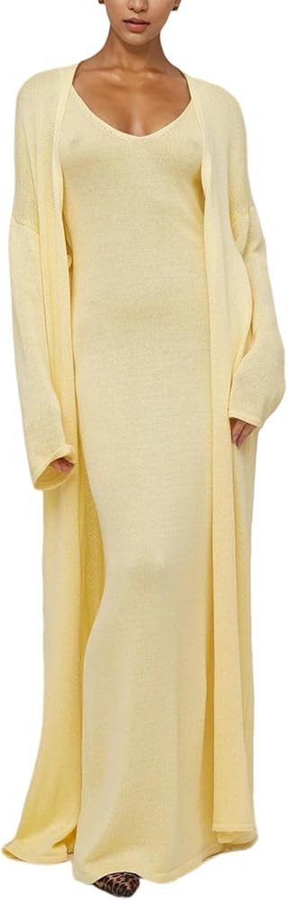 LETSVDO Women's 2 Piece Sweater Set Knit Bodycon Maxi Dress Open Front Duster Long Cardigan Sets ... | Amazon (US)