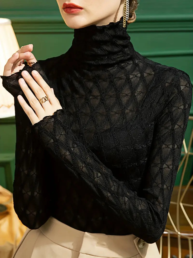 Semi sheer Lace Turtleneck T shirt Casual Long Sleeve Top - Temu | Temu Affiliate Program