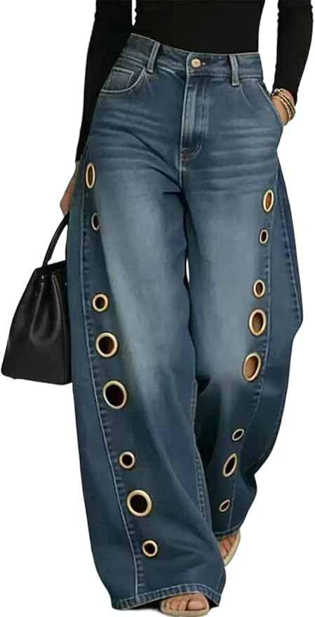 Baggy Wide Leg Jeans for Women High Waisted Cut Out Metal Circle Ring Grommet Denim Pants | Amazon (US)