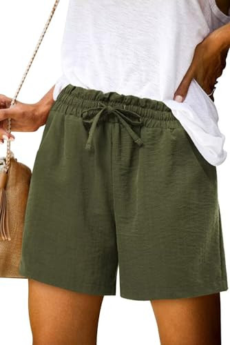FEKOAFE Linen Shorts for Women Green High Waisted Drawstring Comfy Lightweight Cute Summer Beach Shorts Womens Fashion Clothing with Pockets Army Green Small | Amazon (US)