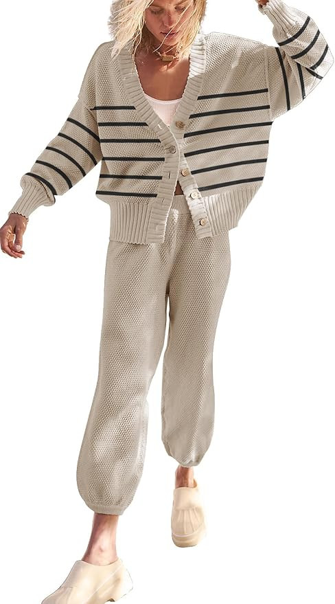 SAUKOLE Womens Two Piece Outfits Knit Sweater Sets Oversized Button Down Cardigan and Long Pants ... | Amazon (US)