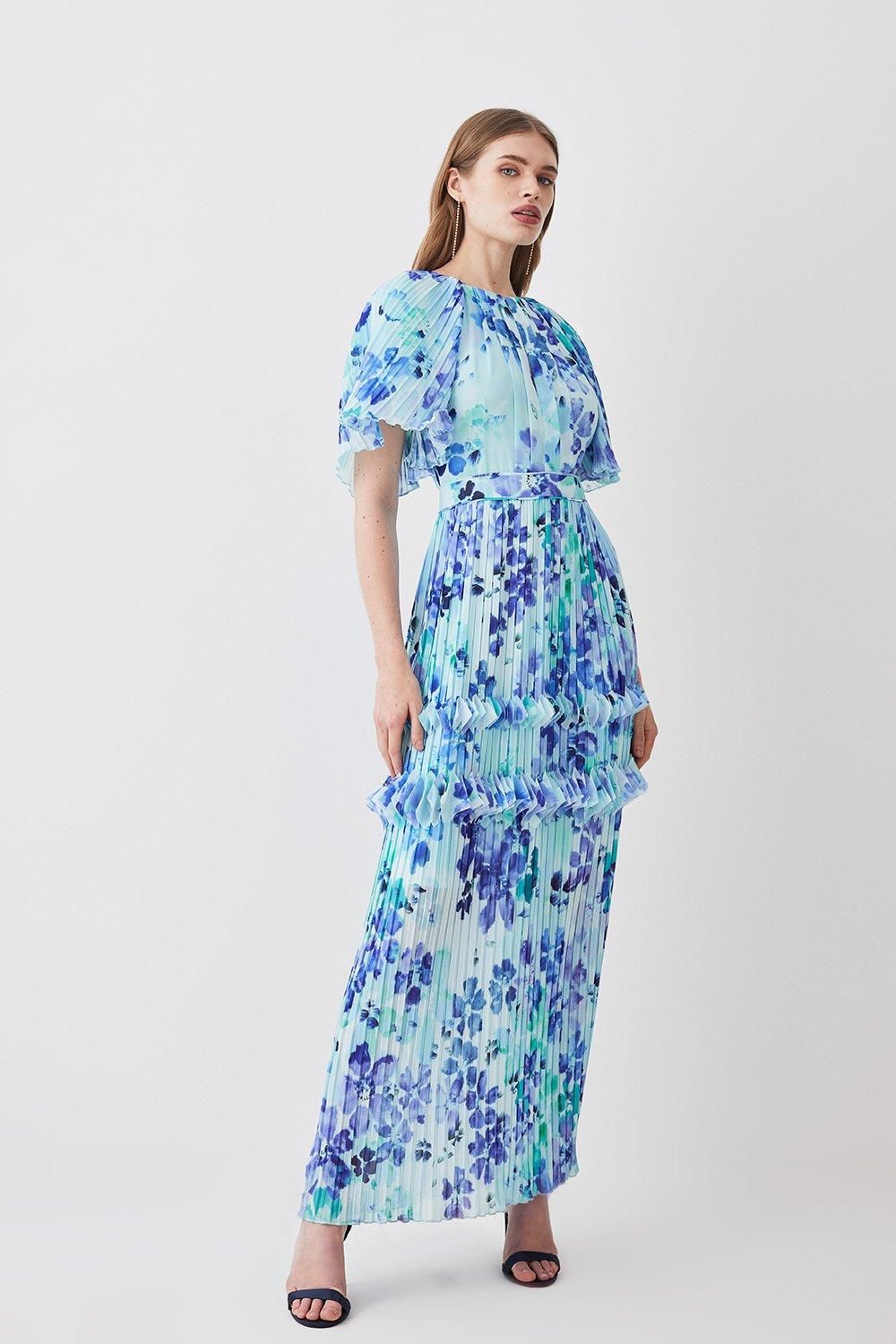 Pleat Detail Petal Print Woven Midaxi Dress | Karen Millen US