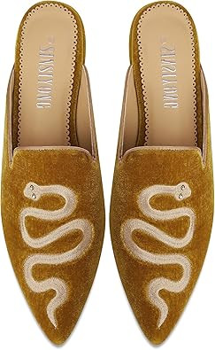 Embroidered Mules for Women Pointed Toe Backless Velvet Flats with Snake Pattern | Amazon (US)