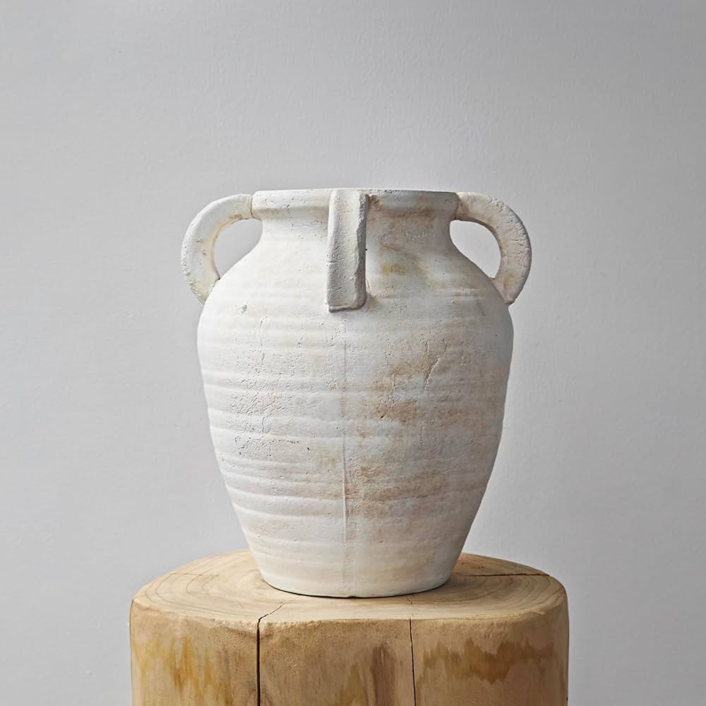 Rustic White Ceramic Vintage Farmhouse Vase with 4 Handles, 9.7 Inch Clay Organic Pottery, Decora... | Amazon (US)