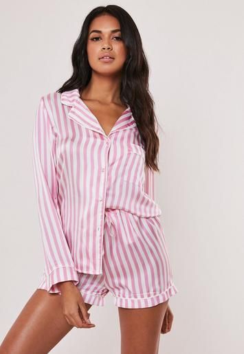 Tall Pink Striped Satin Short Pyjama Set | Missguided (US & CA)