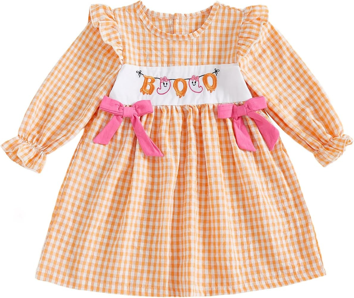 Adobabirl Toddler Baby Girl Halloween Smocked Dress Pumpkin Embroidered Long Sleeve Plaid Dresses... | Amazon (US)