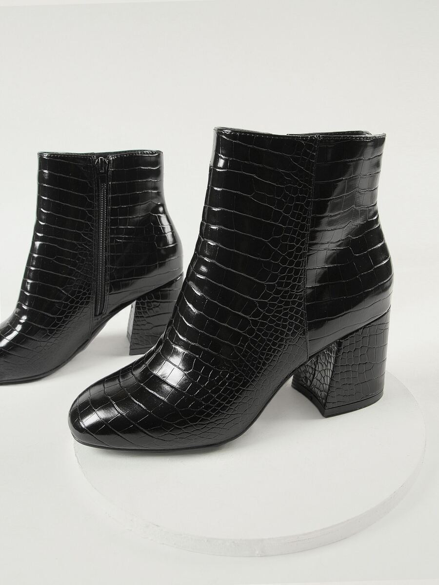 Embossed Croc Leather Block Heel Booties | SHEIN
