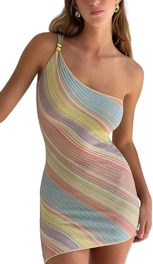 Women's Rainbow Bodycon One Shoulder Mini Knit Going Out Summer Short Rave Club Dress Cocktail Pa... | Amazon (US)