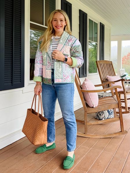 Sale alert! This quilted jacket - perfect for spring and summer layers - is now 20% off with code SPRING20. I’m wearing a small. 
And these Levi’s are priced right and fit like a glove 

More everyday casual outfits on CLAIRELATELY.com 👉🏼

Madewell woven tote bag, sezane stripe tank top, rothy green drivers, 

#LTKSaleAlert #LTKStyleTip #LTKSeasonal