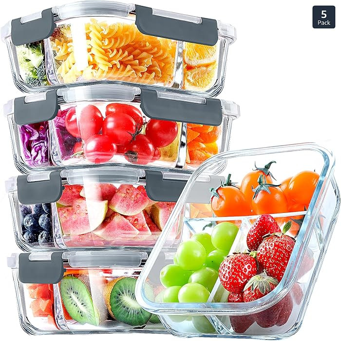 VERONES 5 Pack Glass Meal Prep Containers 3 Compartment Set, 36OZ Airtight Glass Lunch Containers... | Amazon (US)