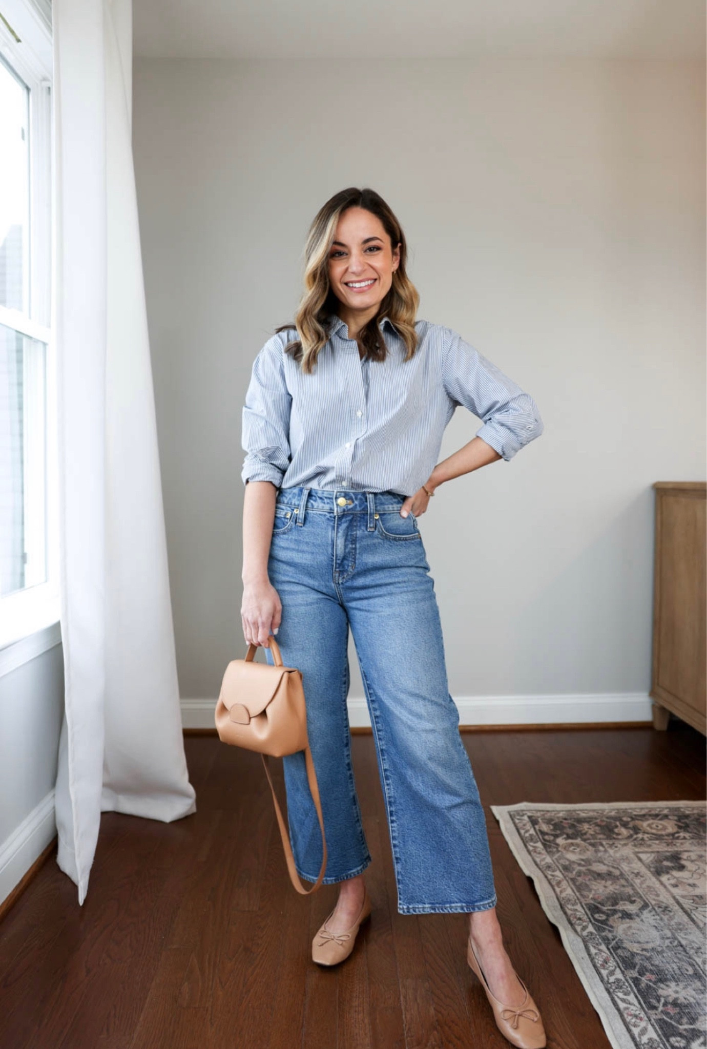 Wide leg cropped jeans five ways 

Shutz flats: tts 
Bag: polene un nano in textured tan 
J. Crew slim wide leg jeans in lakeshore wash: curvy petite 24 (I found the jeans to run tight through the hips, so I went with curvy). 24” inseam in petite 

Also linking the regular (not curvy) option and a less expensive j.crew factory option tts 

Quince striped top: xs 

My measurements for reference: 4’10” 105lbs bust, waist, hips 32”, 24”, 35” size 5 shoe

#LTKstyletip #LTKSeasonal