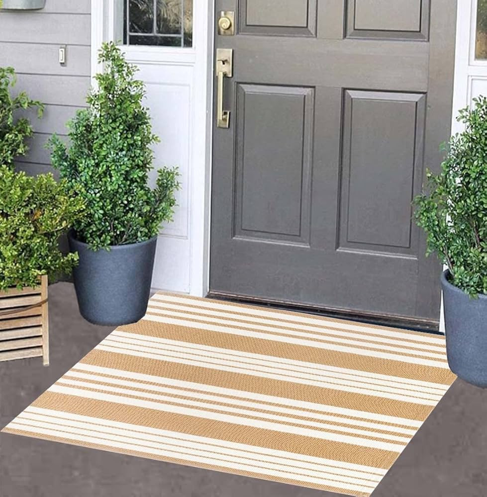Khaki and White Striped Outdoor Rug 24'' x 35'' Door Mat Outdoor Machine Washable Welcome Mats Co... | Amazon (US)