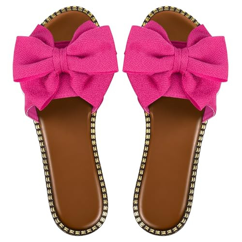 Sksshion Women's Bow Knot Slides Open Toe Flat Sandals Summer Slip On Slippers Hot Pink 8.5 | Amazon (US)