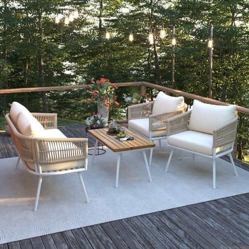 4-Piece Boho Rope Patio Furniture Set, Outdoor Furniture with Acacia Wood Table, Patio Conversation Set with Deep Seating & Thick Cushion for Backyard Porch Balcony (Beige) | Amazon (US)