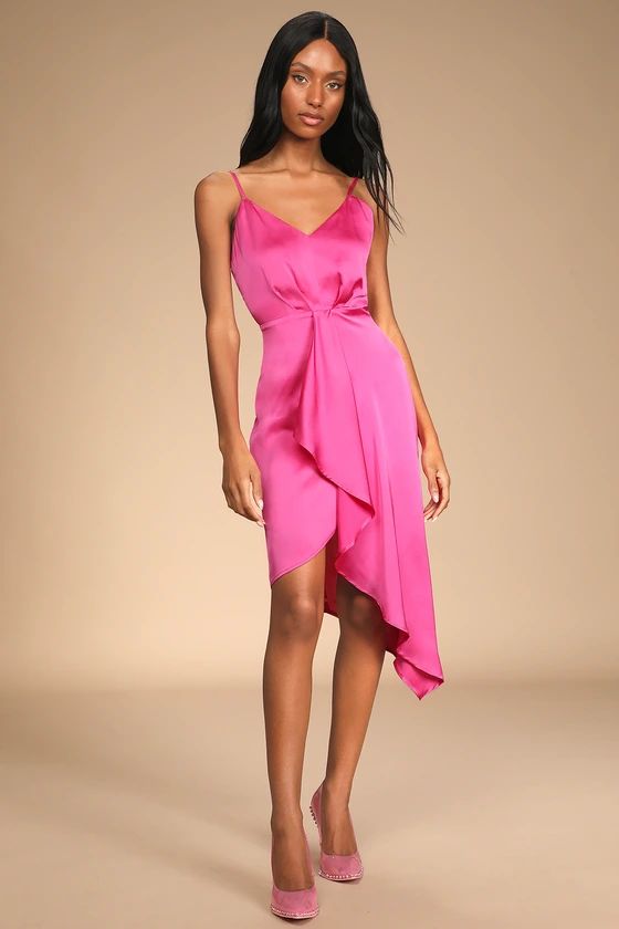 Absolutely Gorgeous Bright Pink Satin Asymmetrical Dress | Lulus (US)