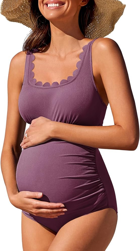Summer Mae Ribbed Maternity One Piece Swimsuit Scalloped Cut Out Pregnancy Bathing Suit Square Ne... | Amazon (US)
