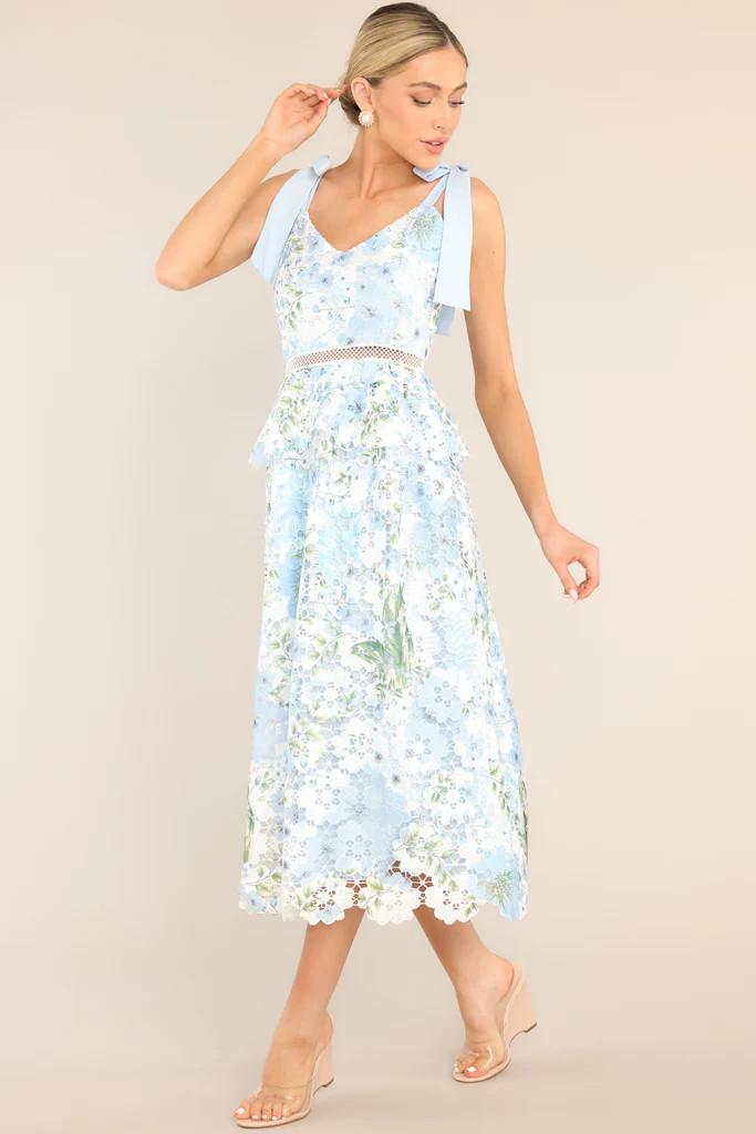 Remembering Spring Light Blue Lace Floral Midi Dress | Red Dress