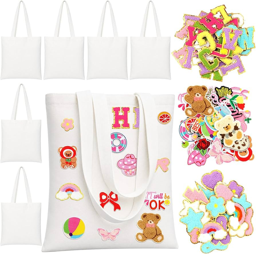 Meanplan 8 Pack DIY Canvas Tote Bag Bulk Tea Party Favors for Women with 119pcs Embroidered Patch... | Amazon (US)