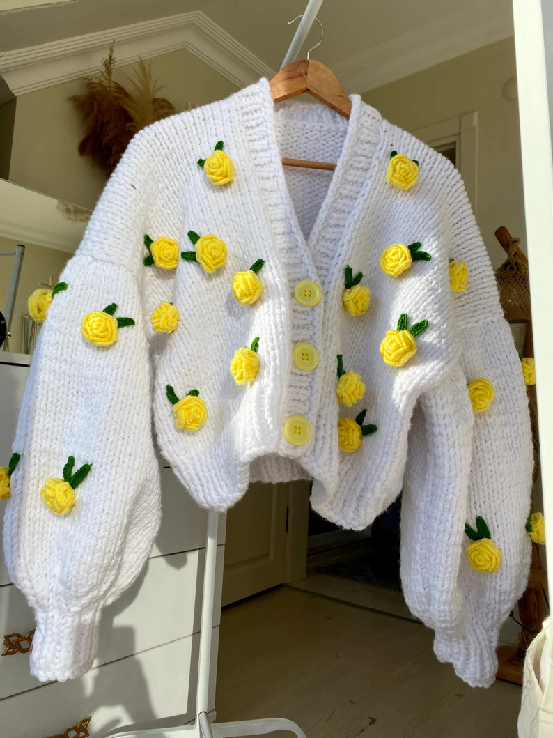 Leilayca Yellow Rose Cardigan , Chunky Cropped Cardigan For Woman , White Sweater With yellow flo... | Etsy (US)