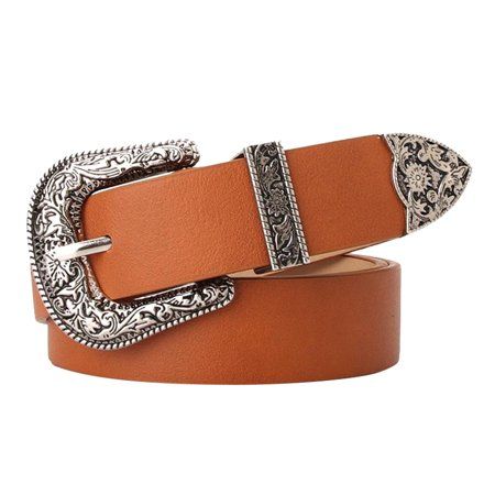 Fashion Solid Carved Buckle Faux Leather Belt For Women Jeans Dress Tan | Walmart (US)