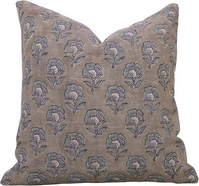 Vintage Floral Pillow Cover 18x18 Thick Linen Handmade Block Printed Cushion Case Bohemian Farmho... | Amazon (US)