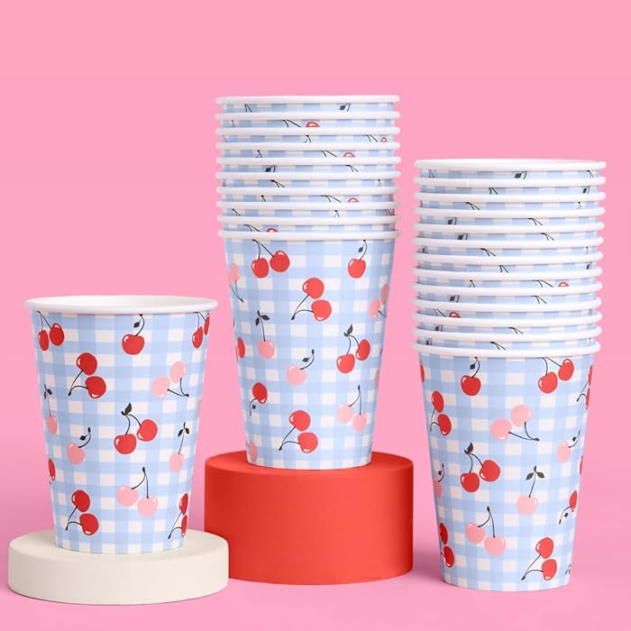 xo, Fetti Cherry Blue Gingham Paper Cups - 12 oz, 24 pcs | Ma Cherie Baby Shower, Cherry on Top B... | Amazon (CA)