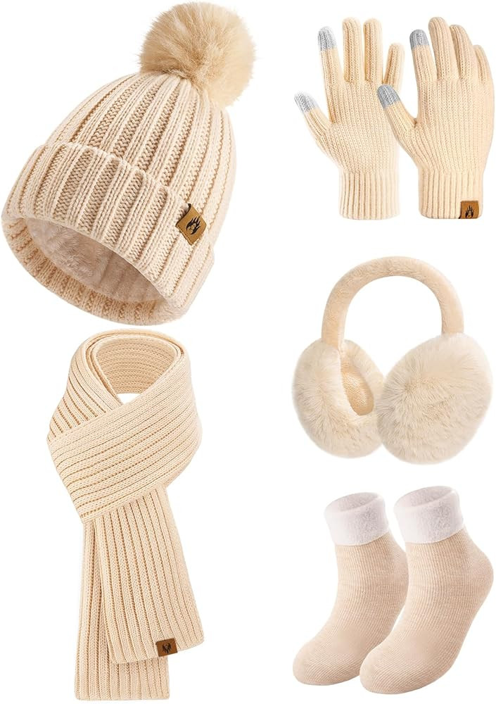 heekpek Set Cappello Sciarpa Guanti Paraorecchie e Calze Invernale Donna in Maglia Berretto Pompo... | Amazon (IT)