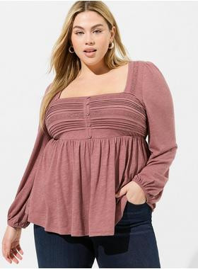 Cotton Modal Slub Square Neck Pintuck Top | Torrid (US & Canada)
