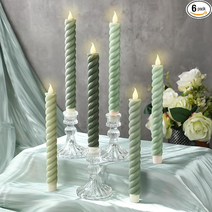 Baquler 6 Pcs Sage Green Flameless Taper Candle Twisted LED 9.65 Inch Taper Candles Battery Opera... | Amazon (US)