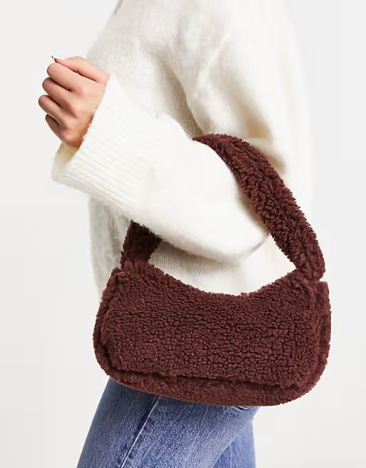 Monki teddy faux fur shoulder bag in dark brown | ASOS (Global)